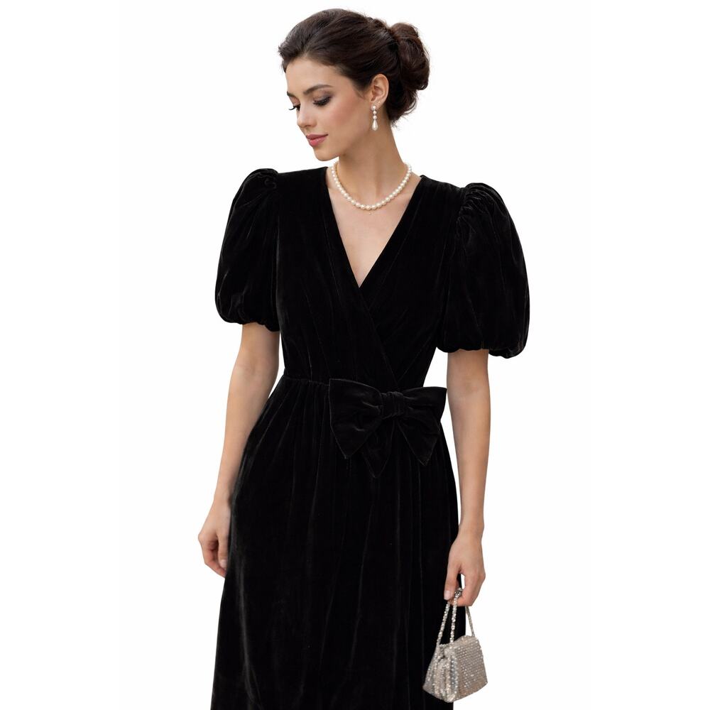 Vintage Talbots Albert Nipon Dress Velvet Puff Sleeve Bow Party Made USA Size 13
